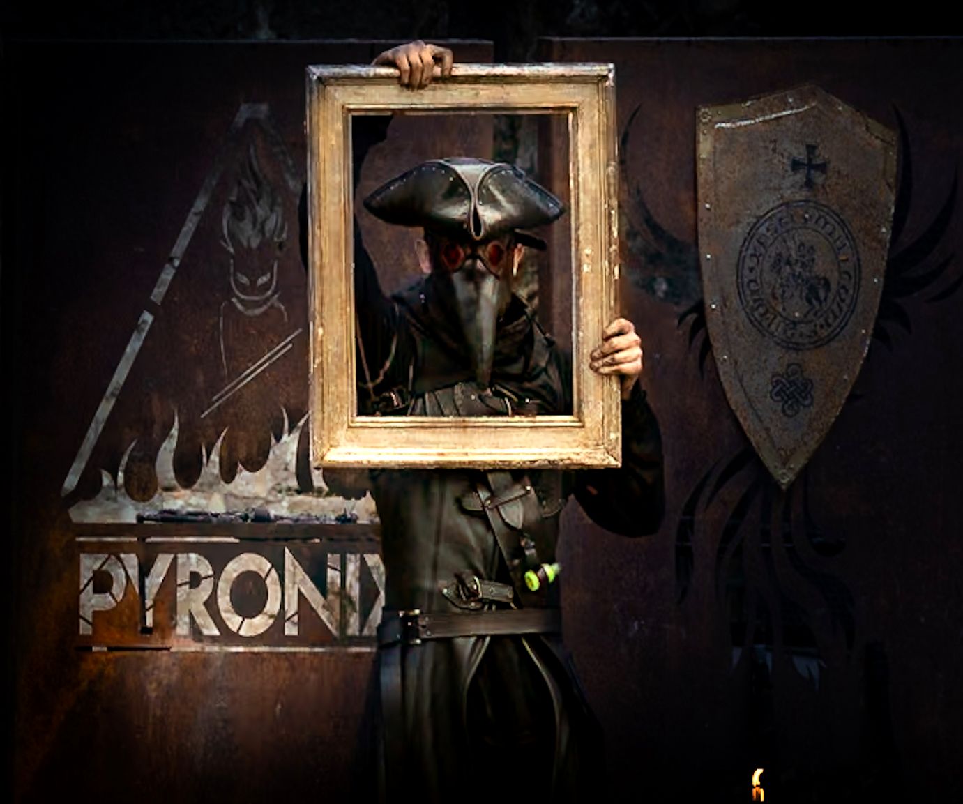 Artiste Pyronix en costume d'alchimiste avec un cadre doré, spectacle Vitruvium